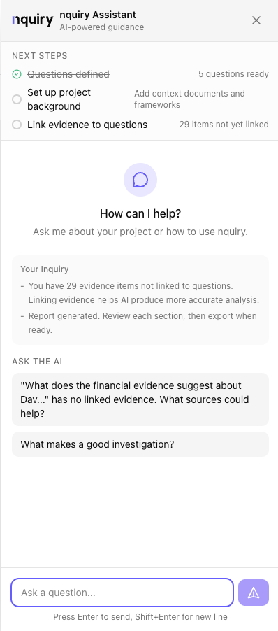 Nquiry AI Guide chat panel with contextual investigation assistance
