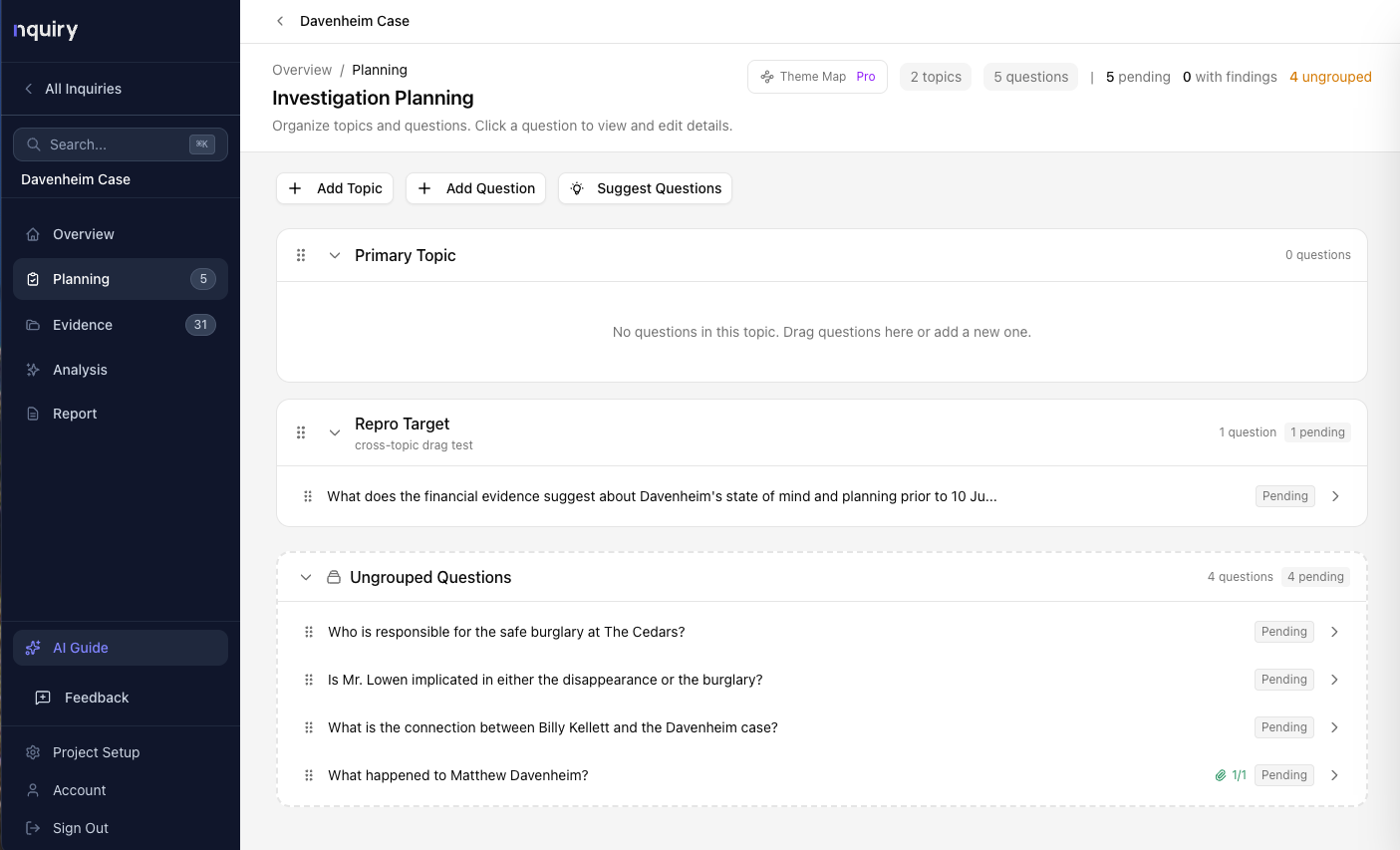 Planning phase — topics and key questions for an investigation