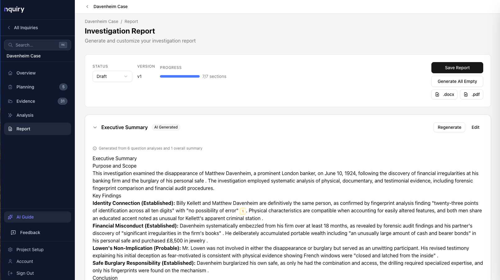 Davenheim case report editor in Nquiry with section-by-section findings and inline citations